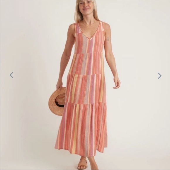 Marine Layer Corinne Tiered Cotton Maxi Dress in Red Variegated Stripe
